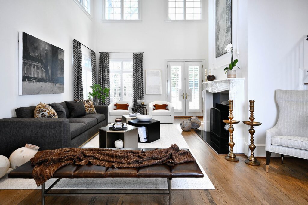 spacious black and white living room
